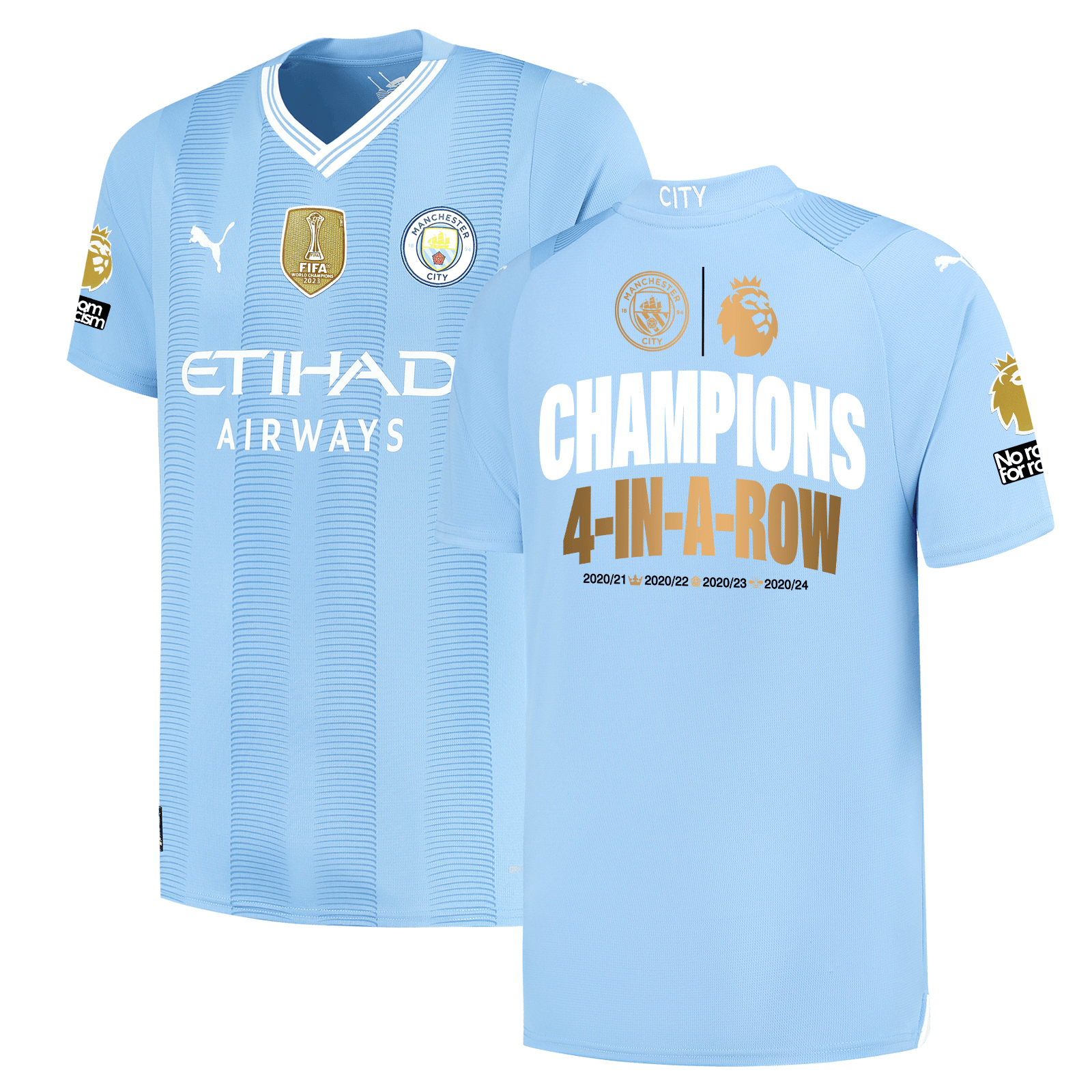 Manchester City 2023/24 Premier League Champions 4 In A Row Home Men Jersey – Light Blue
