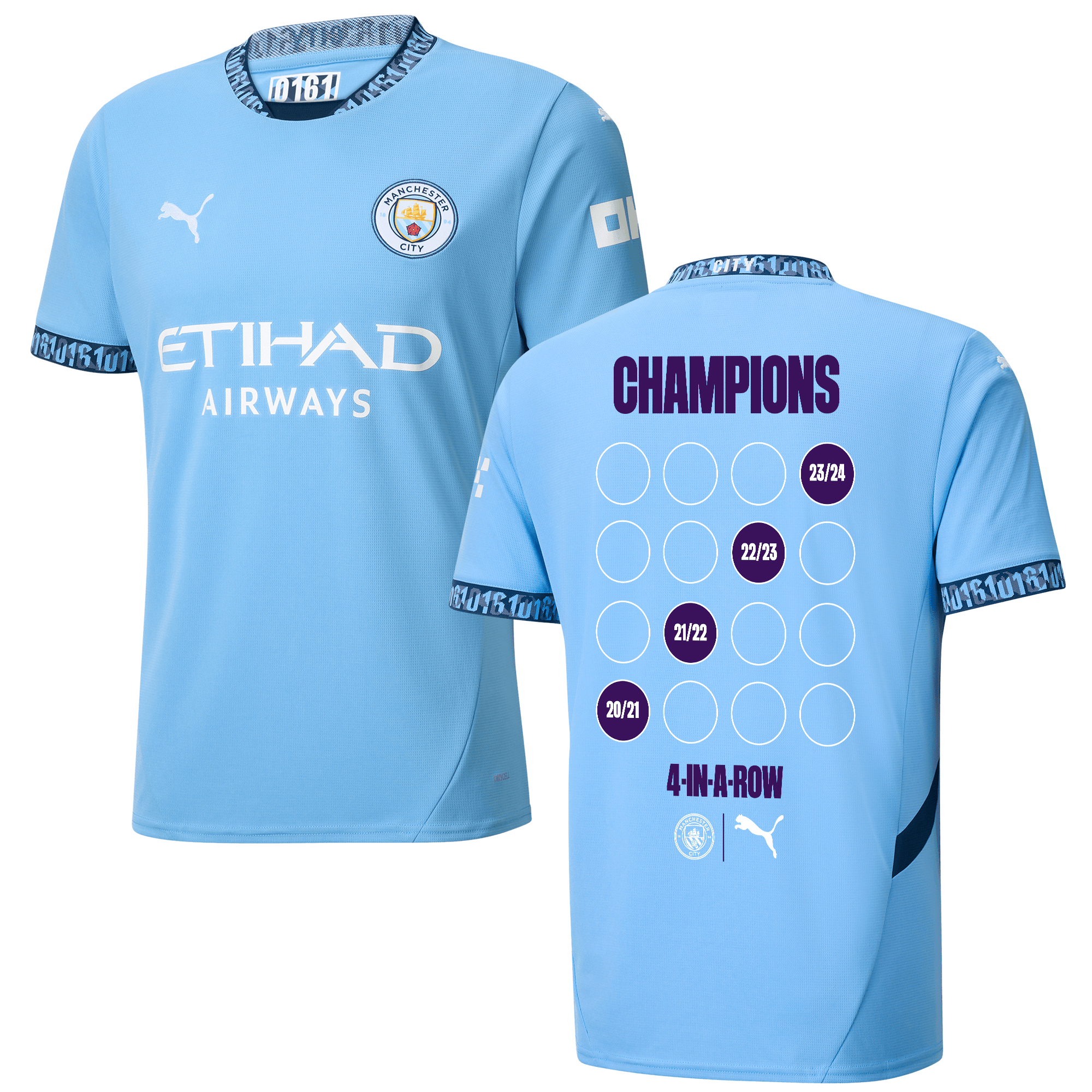 Manchester City 2024/25 '4 In A Row' Premier League Champions Home Men Jersey – Light Blue