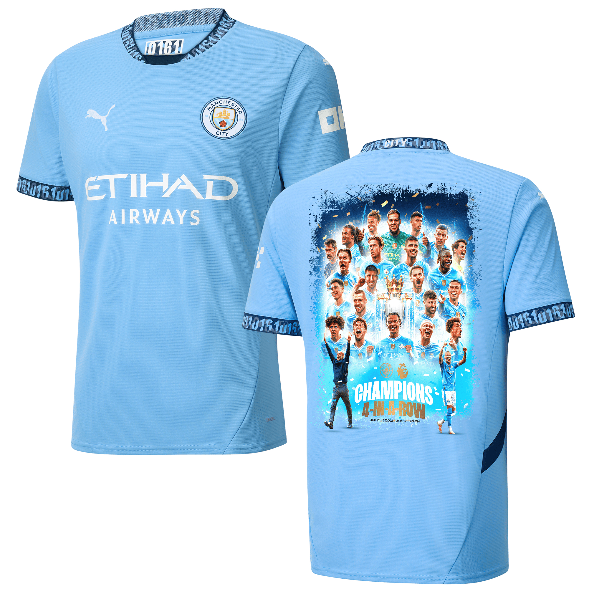 Manchester City 2024/25 EPL Champions 4 In A Row Team Art Home Men Jersey – Light Blue