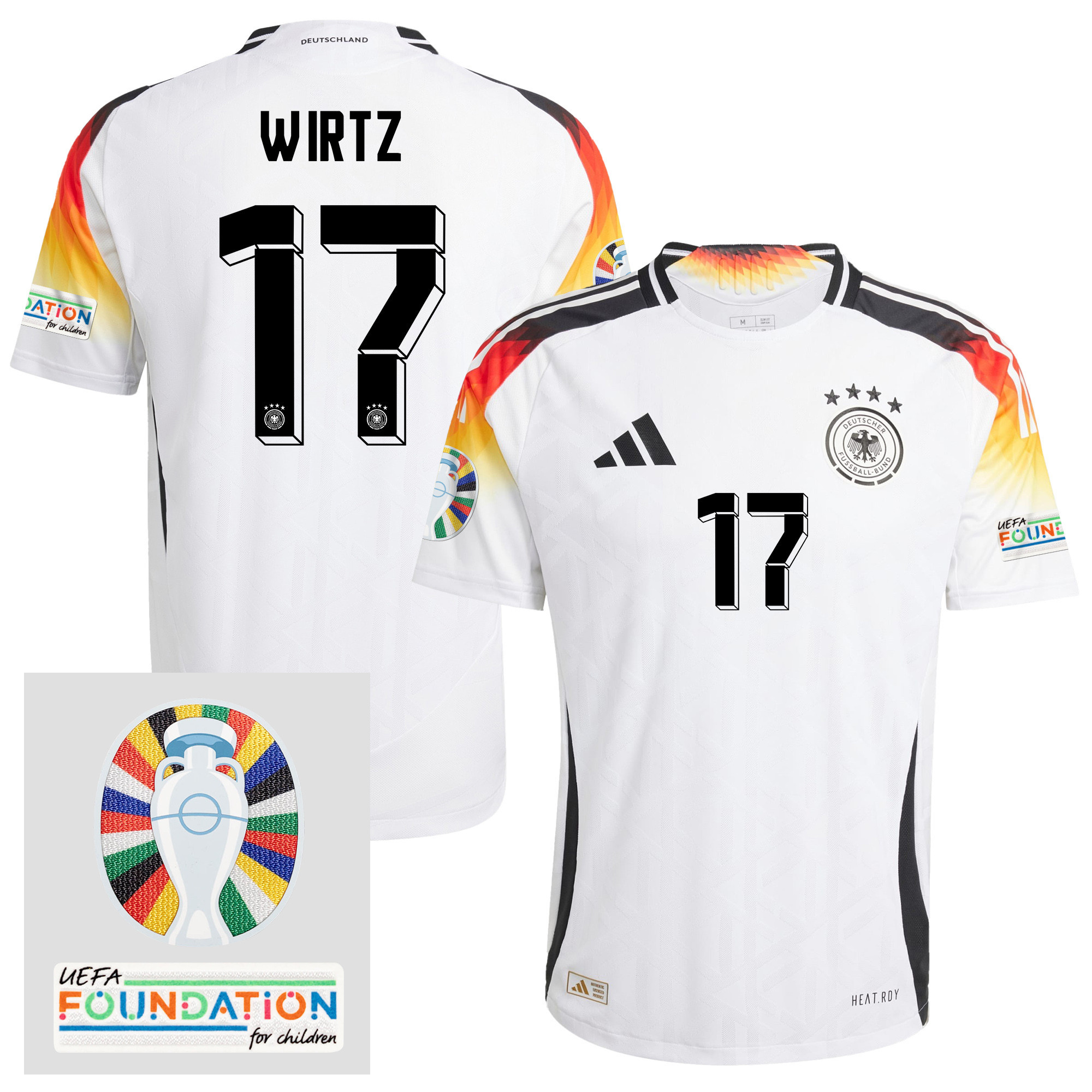 Florian Wirtz 17 Germany 2024/25 Home Jersey – Euro UEFA Patch – Men, White