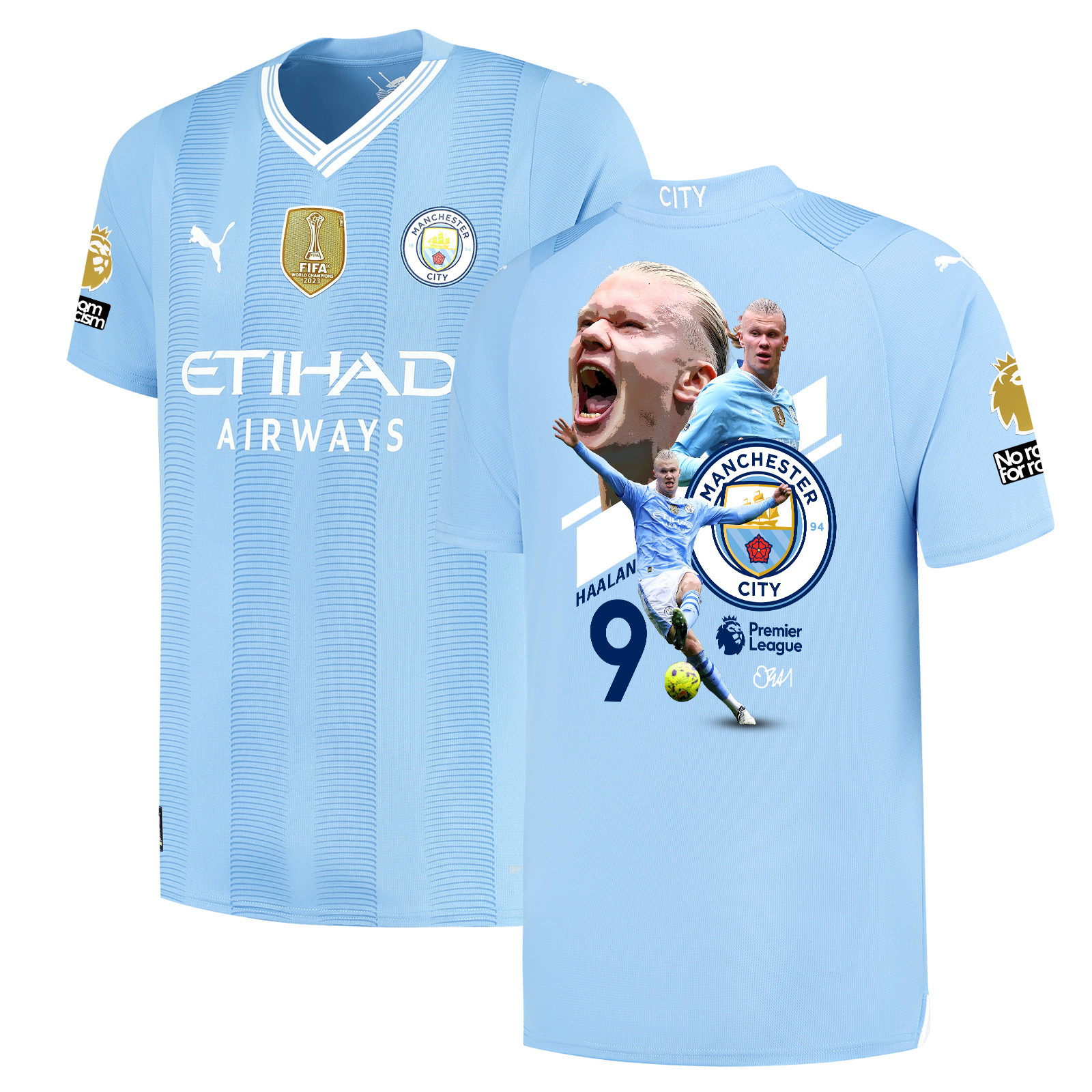 Erling Haaland 9 Signed Collage Art Manchester City 2023/24 Home Jersey Autographed – Light Blue