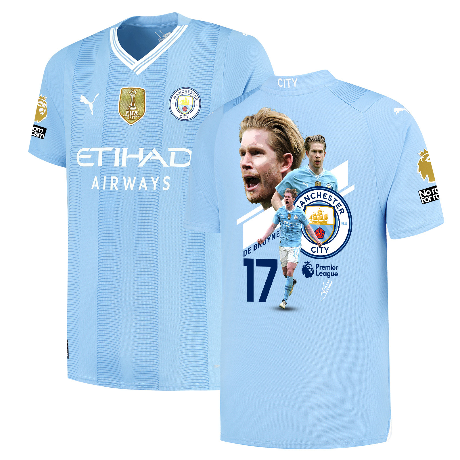 Kevin De Bruyne 17 Signed Collage Art Manchester City 2023/24 Home Jersey Autographed – Light Blue