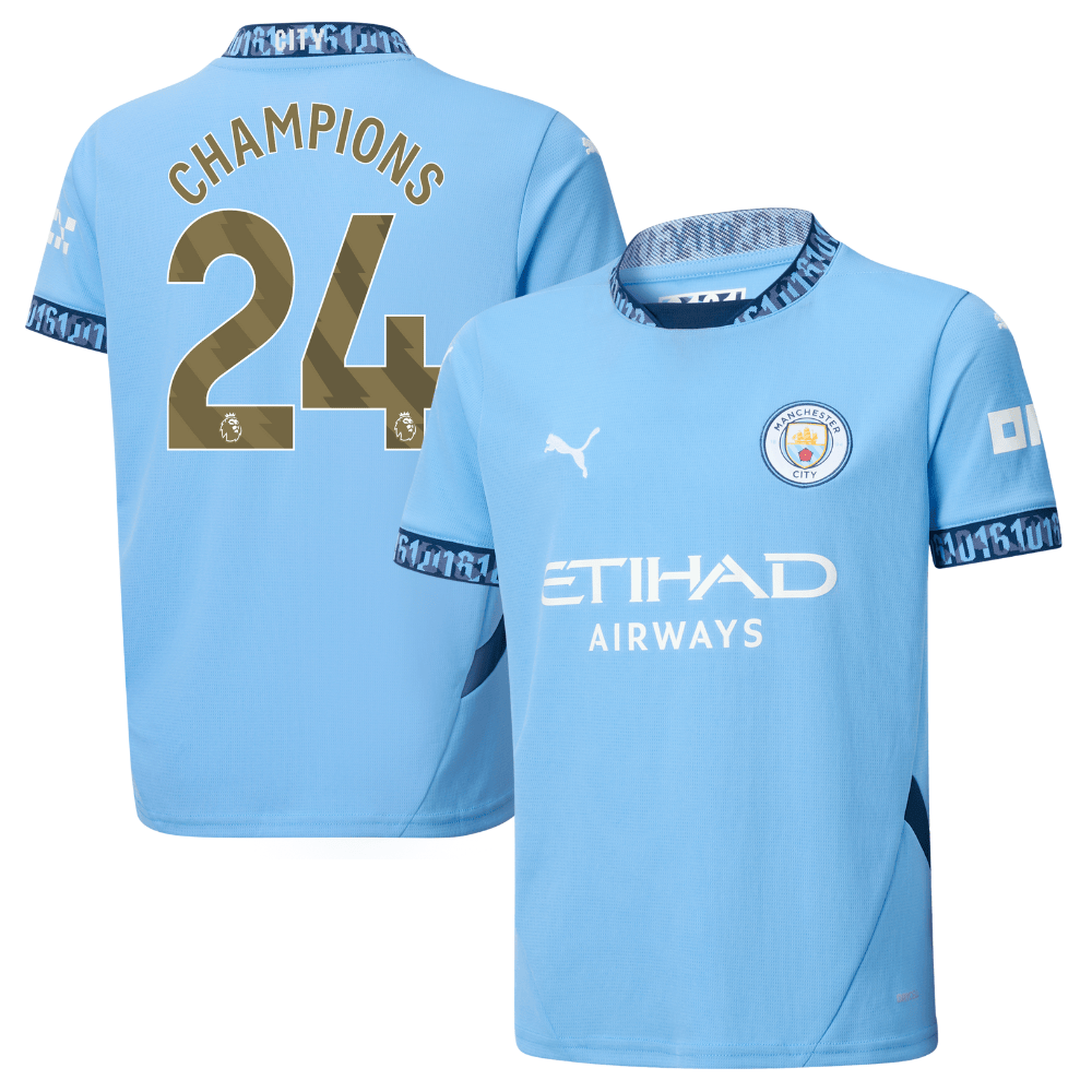 Manchester City 2024/25 With CHAMPIONS 24 Home YOUTH Jersey – Light Blue