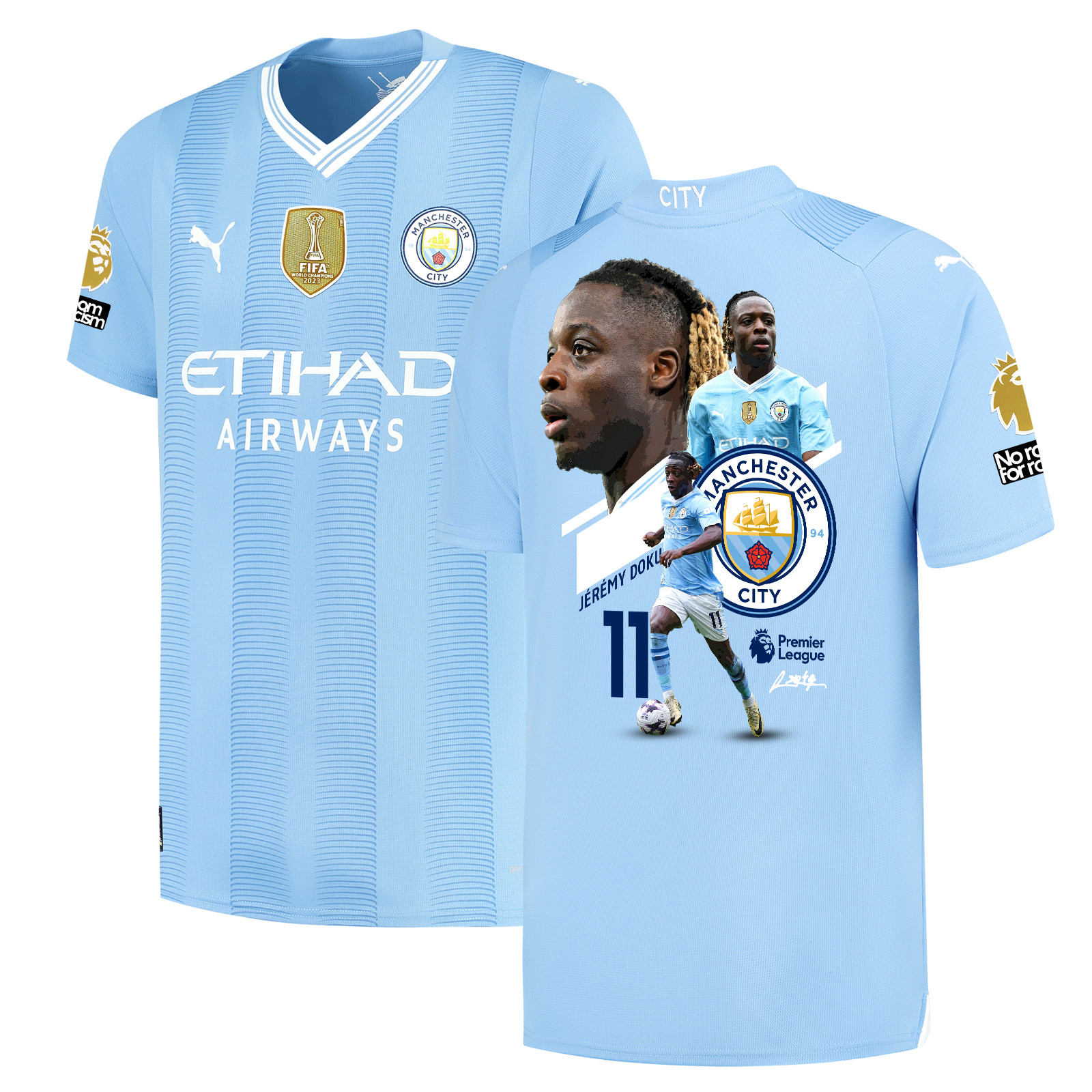 Jrmy Doku 11 Signed Collage Art Manchester City 2023/24 Home Jersey Autographed – Light Blue