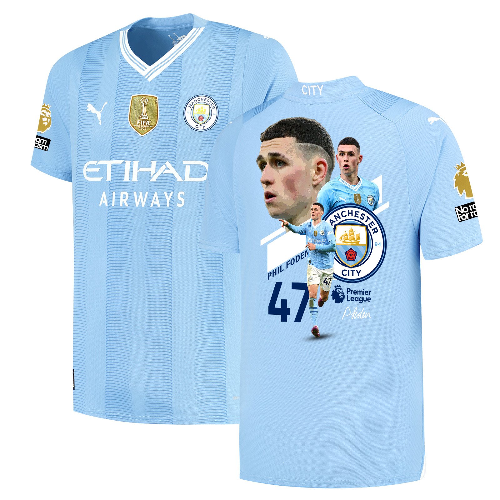 Phil Foden 47 Signed Collage Art Manchester City 2023/24 Home Jersey Autographed – Light Blue