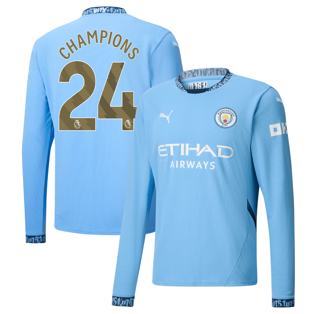 Manchester City 2024/25 With CHAMPIONS 24 Home Long Sleeve Men Jersey – Light Blue