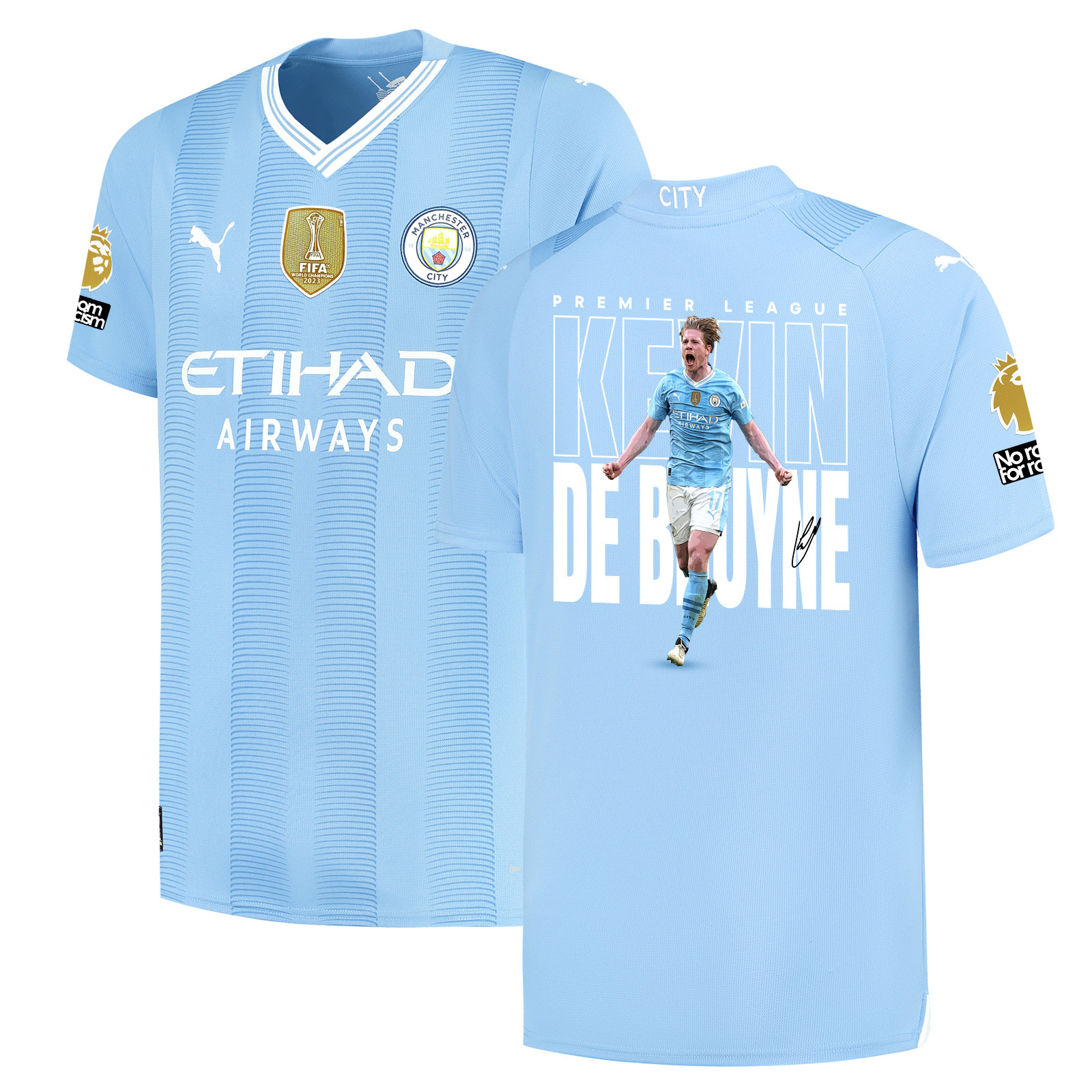 Kevin De Bruyne 17 Signed Cheering Manchester City 2023/24 Home Jersey Autographed – Light Blue