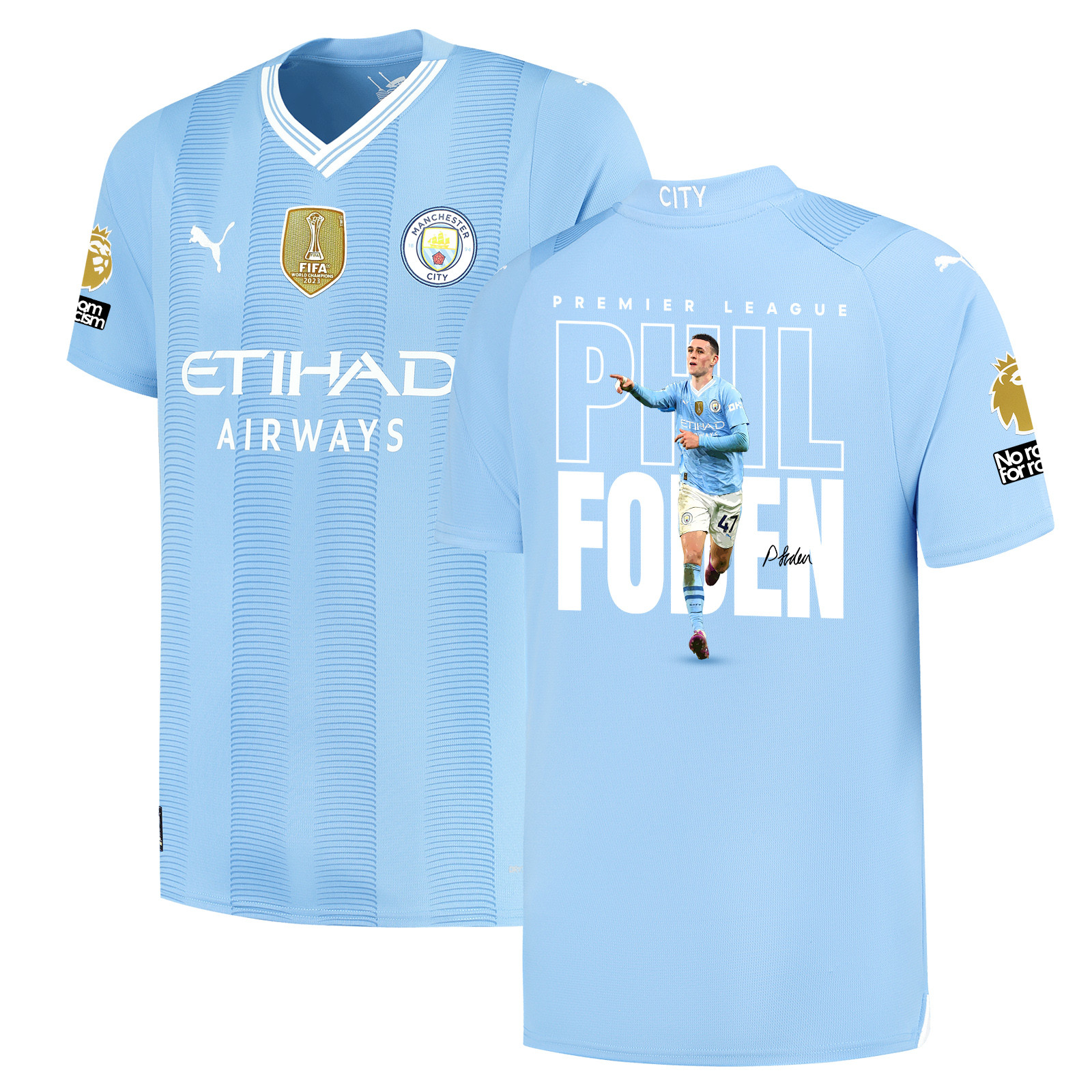 Phil Foden 47 Signed Cheering Manchester City 2023/24 Home Jersey Autographed – Light Blue