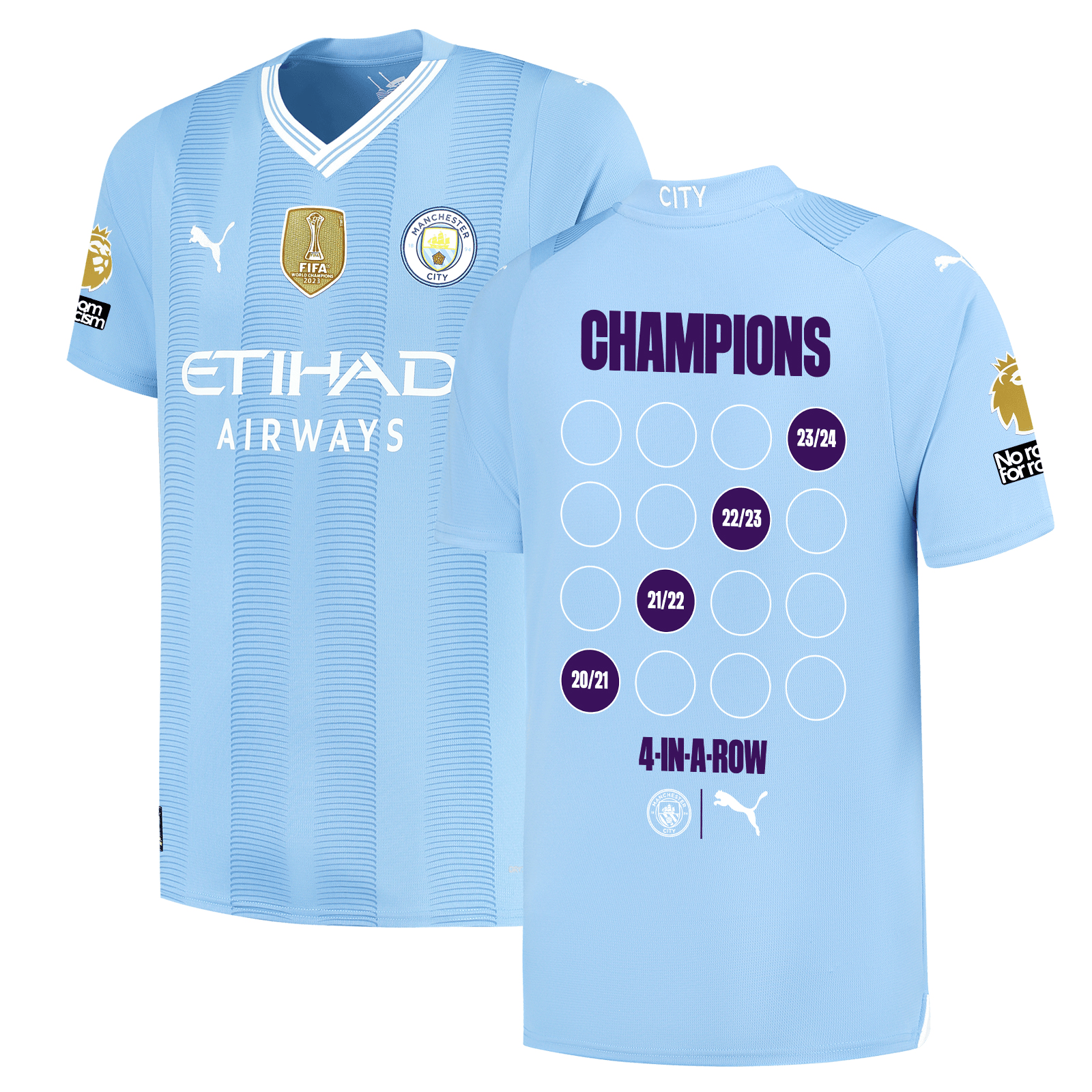 Manchester City 2023/24 '4 In A Row' Premier League Champions Home Men Jersey – Light Blue