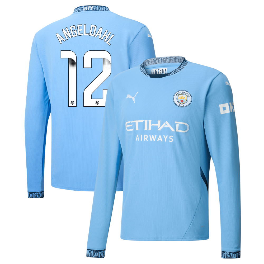 Filippa Angeldal 12 Manchester City 2024/25 Women's Team Home Long Sleeve Men Jersey – Light Blue