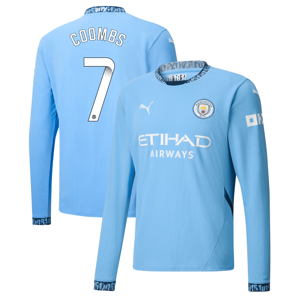 Laura Coombs 7 Manchester City 2024/25 Women's Team Home Long Sleeve Men Jersey – Light Blue