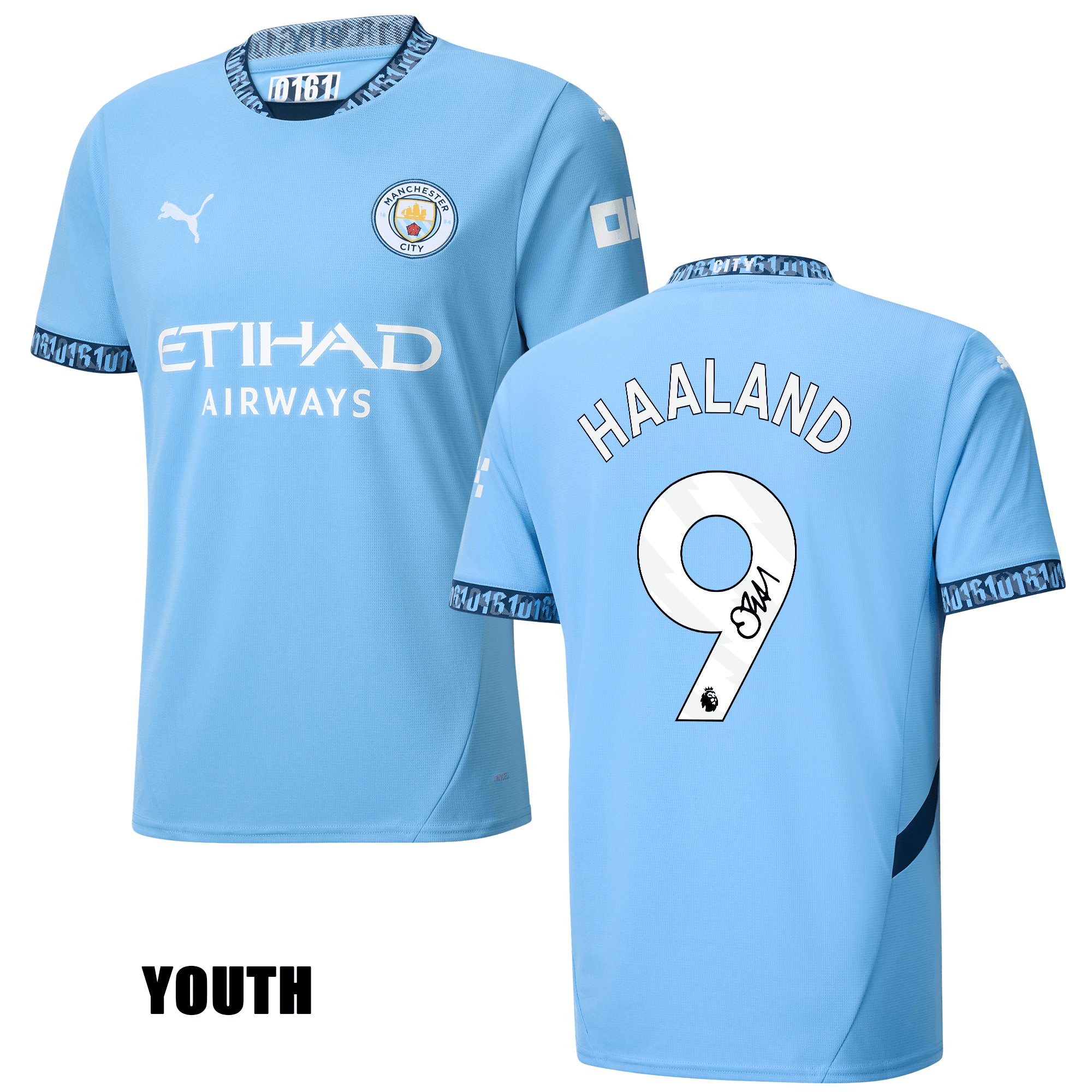 Erling Haaland 9 Signed Manchester City 2024/25 YOUTH Home Jersey Autographed – Light Blue