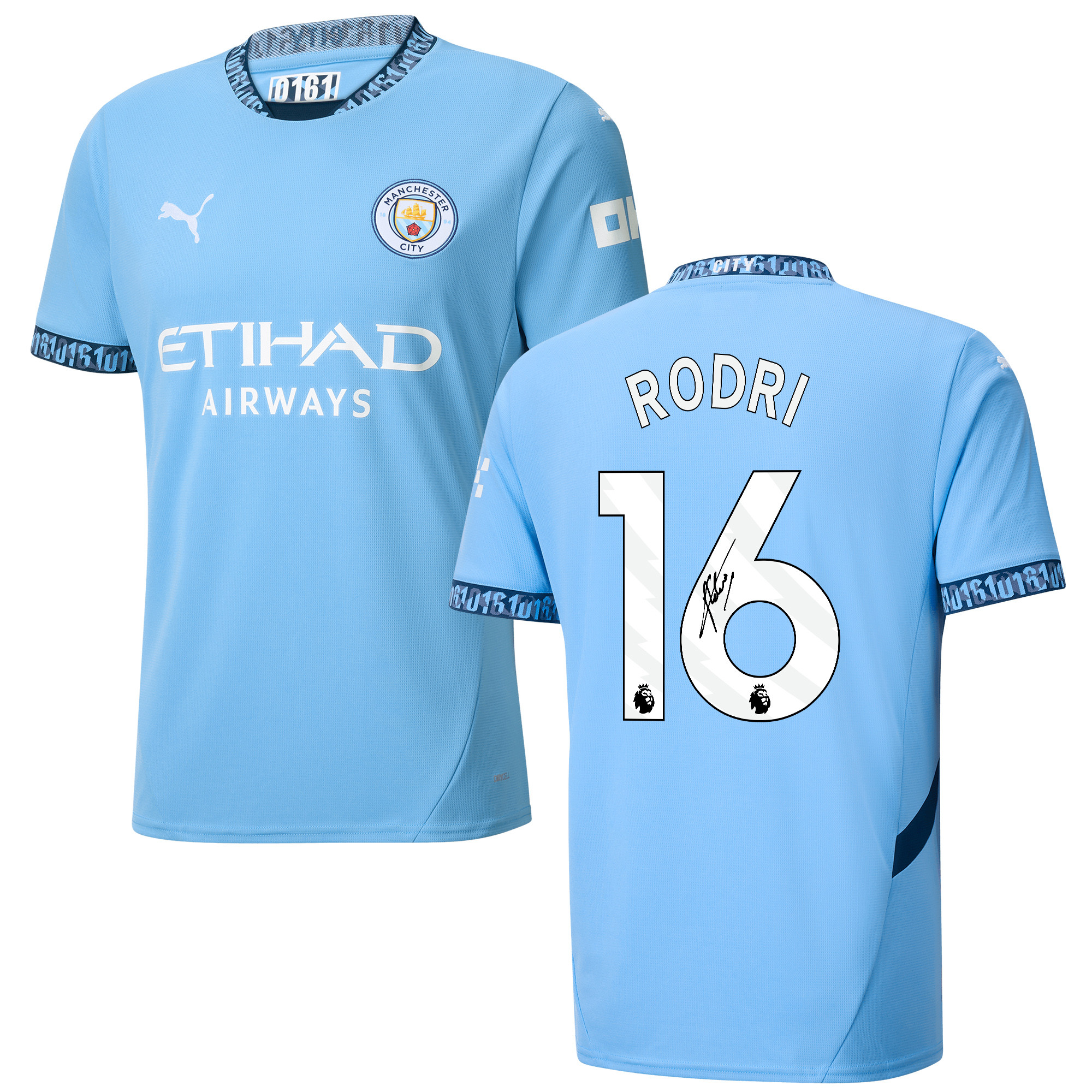 Rodri 16 Signed Manchester City 2024/25 Home Jersey Autographed – Light Blue