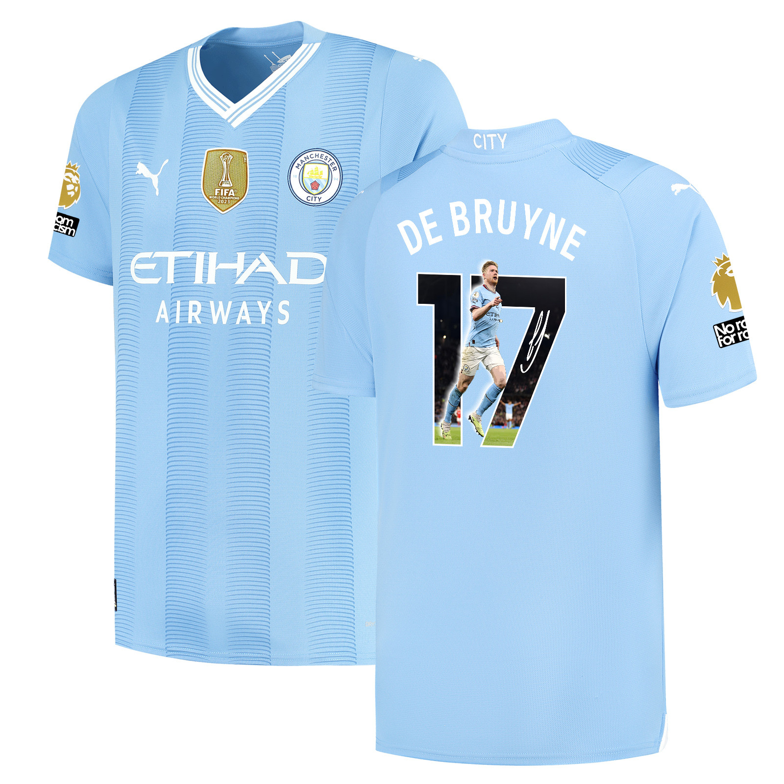 Kevin De Bruyne 17 Signed Kicking Star Manchester City 2023/24 Home Jersey Autographed – Light Blue