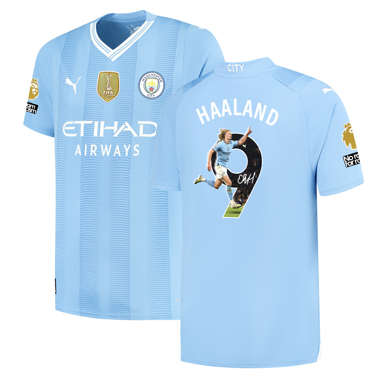 Erling Haaland 9 Signed Kicking Star Manchester City 2023/24 Home Jersey Autographed – Light Blue