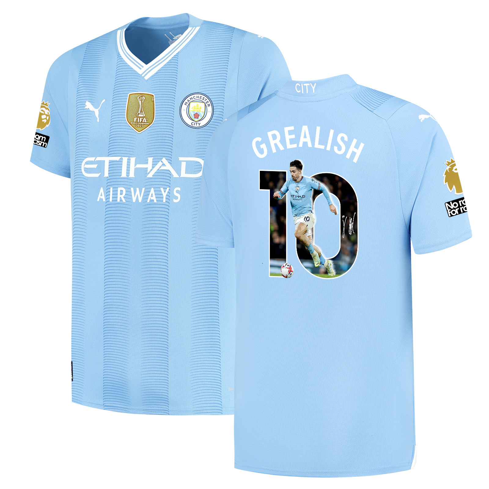 Jack Grealish 10 Signed Kicking Star Manchester City 2023/24 Home Jersey Autographed – Light Blue