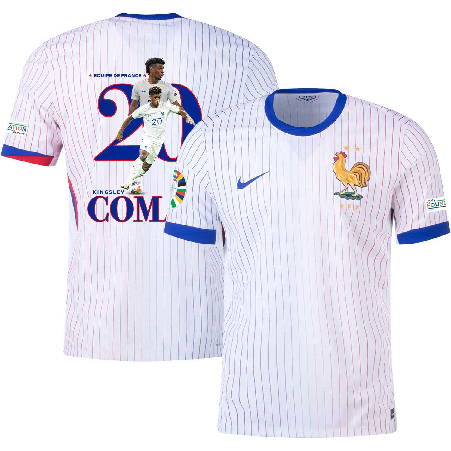 Kingsley Coman 20 The Star Player Of France National Team 2024/25 Away Jersey – Euro UEFA Patch – Men, White
