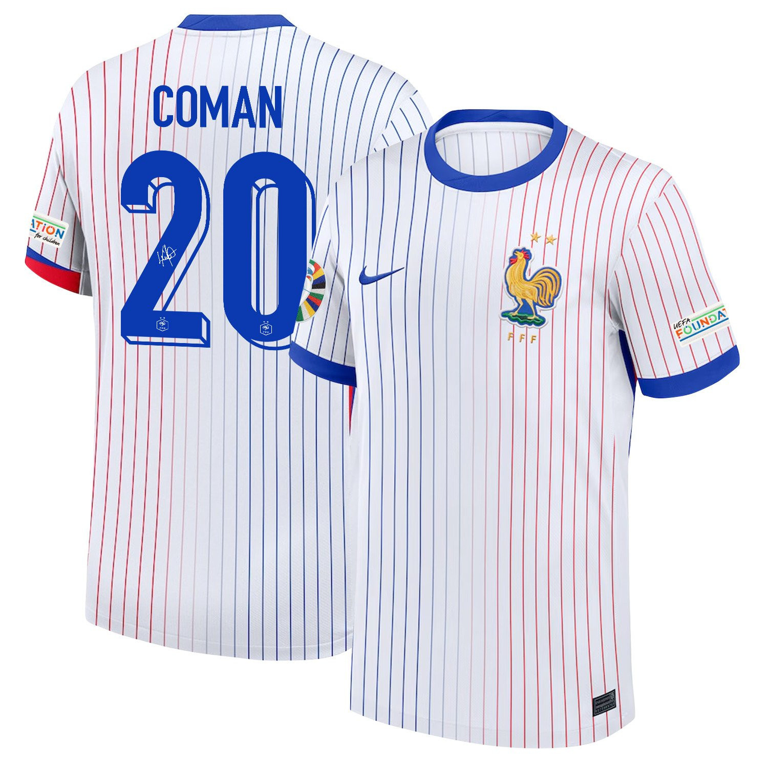 Kingsley Coman 20 Signed France National Team 2024/25 Away Jersey – Euro UEFA Patch – Men, White