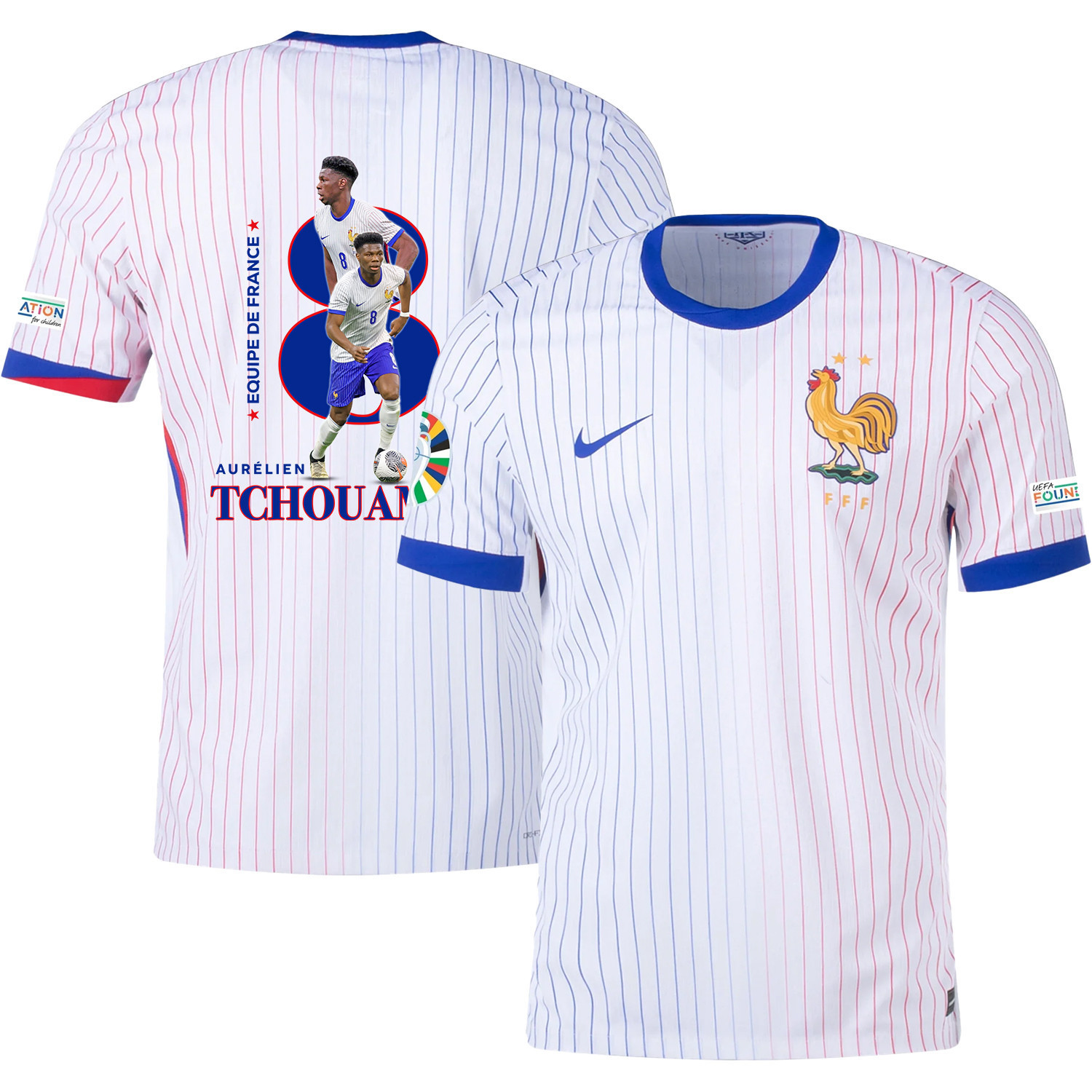 Aurlien Tchouamni 8 The Star Player Of France National Team 2024/25 Away Jersey – Euro UEFA Patch – Men, White