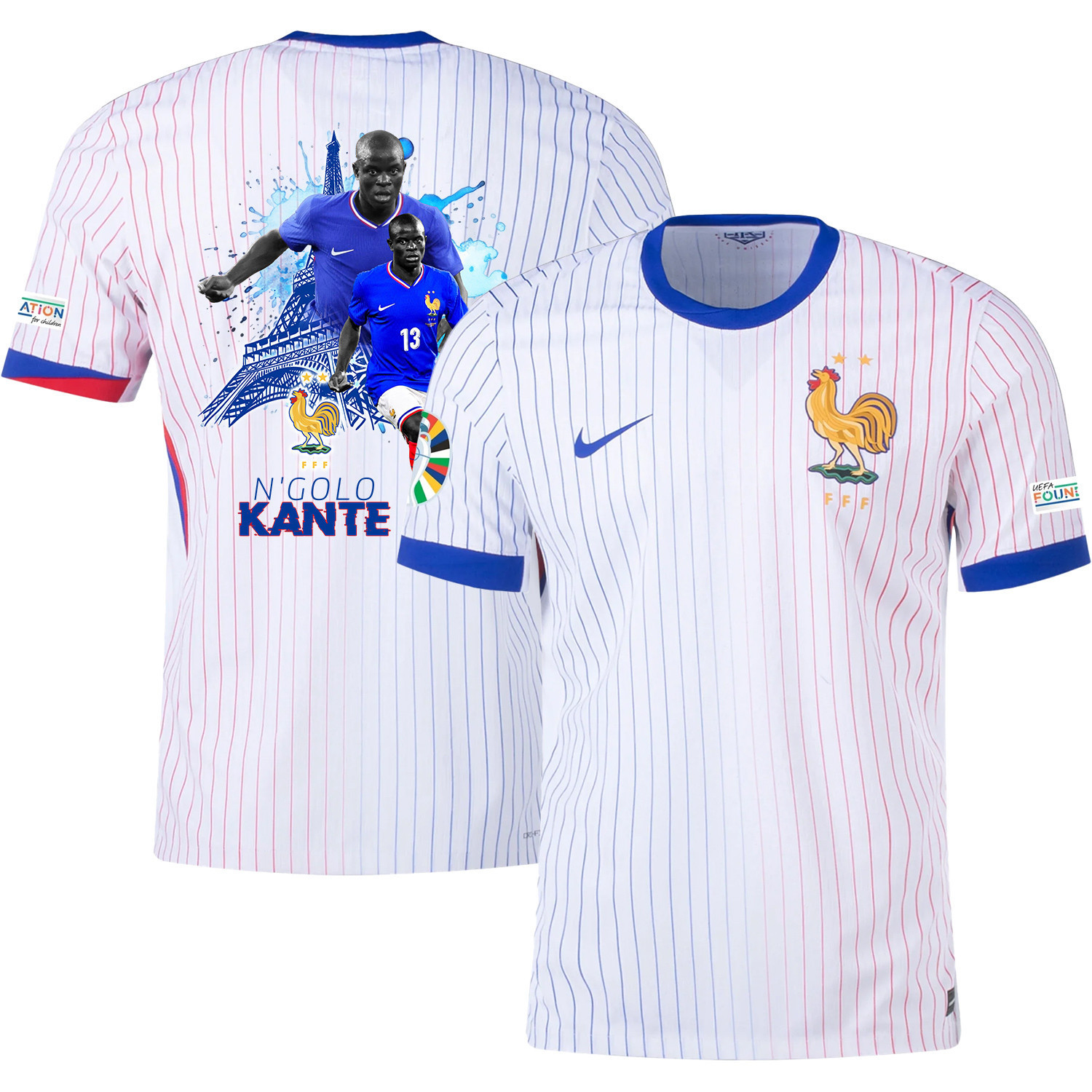 N'Golo Kant 13 The Skilled Midfielder France National Team 2024/25 Away Jersey – Euro UEFA Patch – Men, White