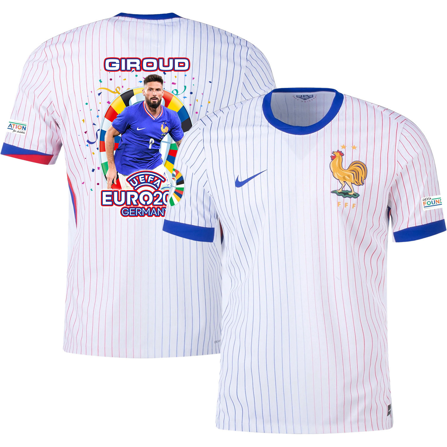 Olivier Giroud 9 Football Icon Of France National Team 2024/25 Away Jersey – Euro UEFA Patch – Men, White
