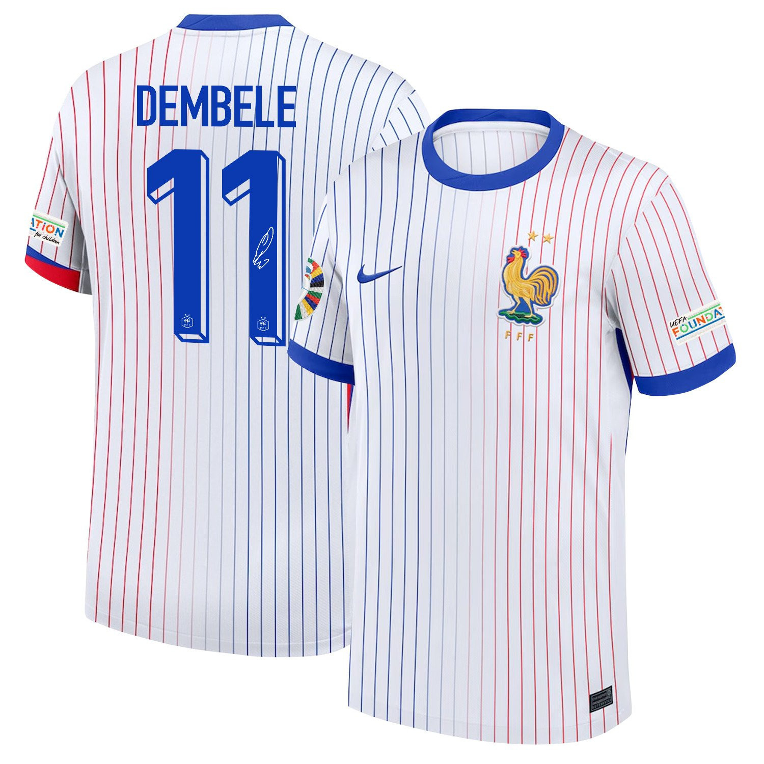 Ousmane Dembl 11 Signed France National Team 2024/25 Away Jersey – Euro UEFA Patch – Men, White