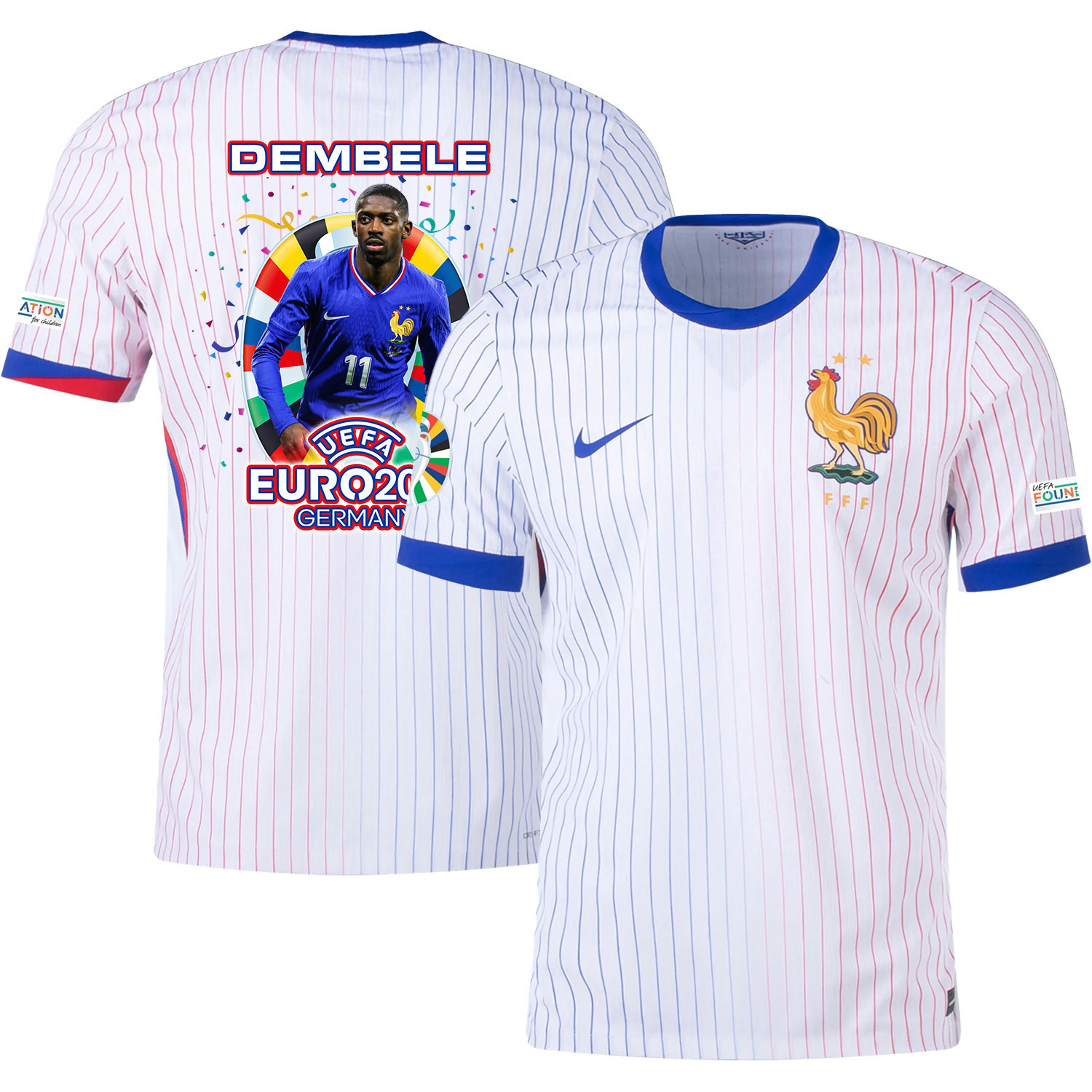 Ousmane Dembl 11 Football Icon Of France National Team 2024/25 Away Jersey – Euro UEFA Patch – Men, White