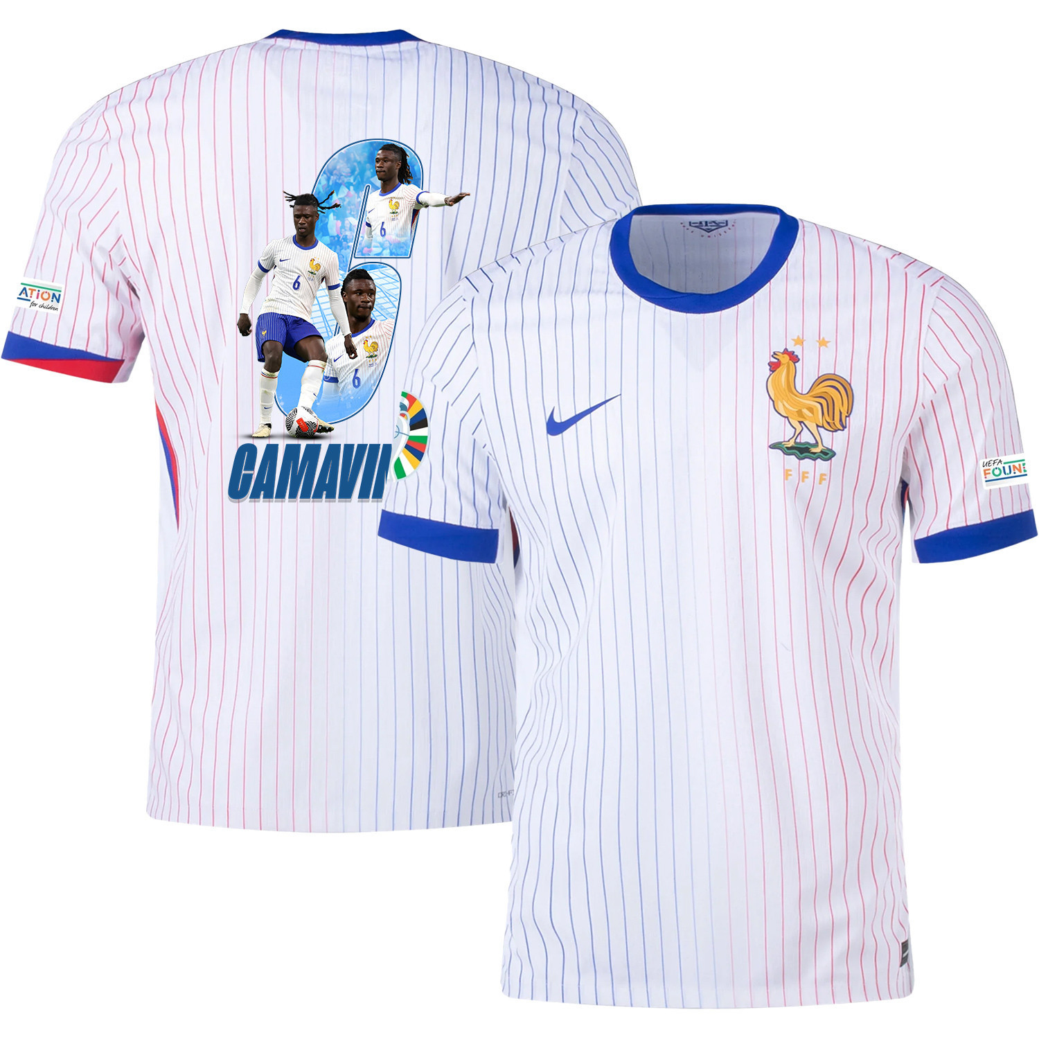 Eduardo Camavinga 6 Football Icon Of France National Team 2024/25 Away Jersey – Euro UEFA Patch – Men, White