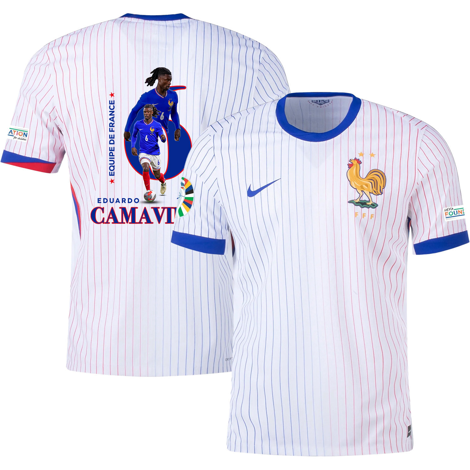Eduardo Camavinga 6 The Star Player Of France National Team 2024/25 Away Jersey – Euro UEFA Patch – Men, White