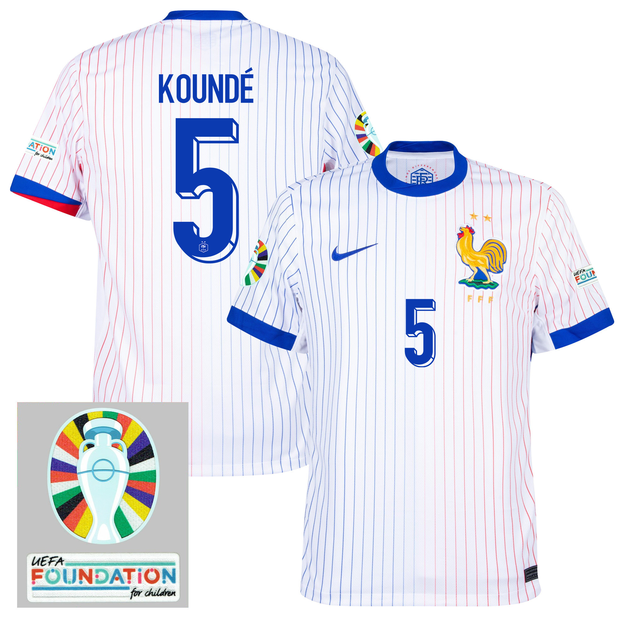 Jules Kound 5 France National Team 2024/25 Away Jersey – Euro UEFA Patch – Men, White