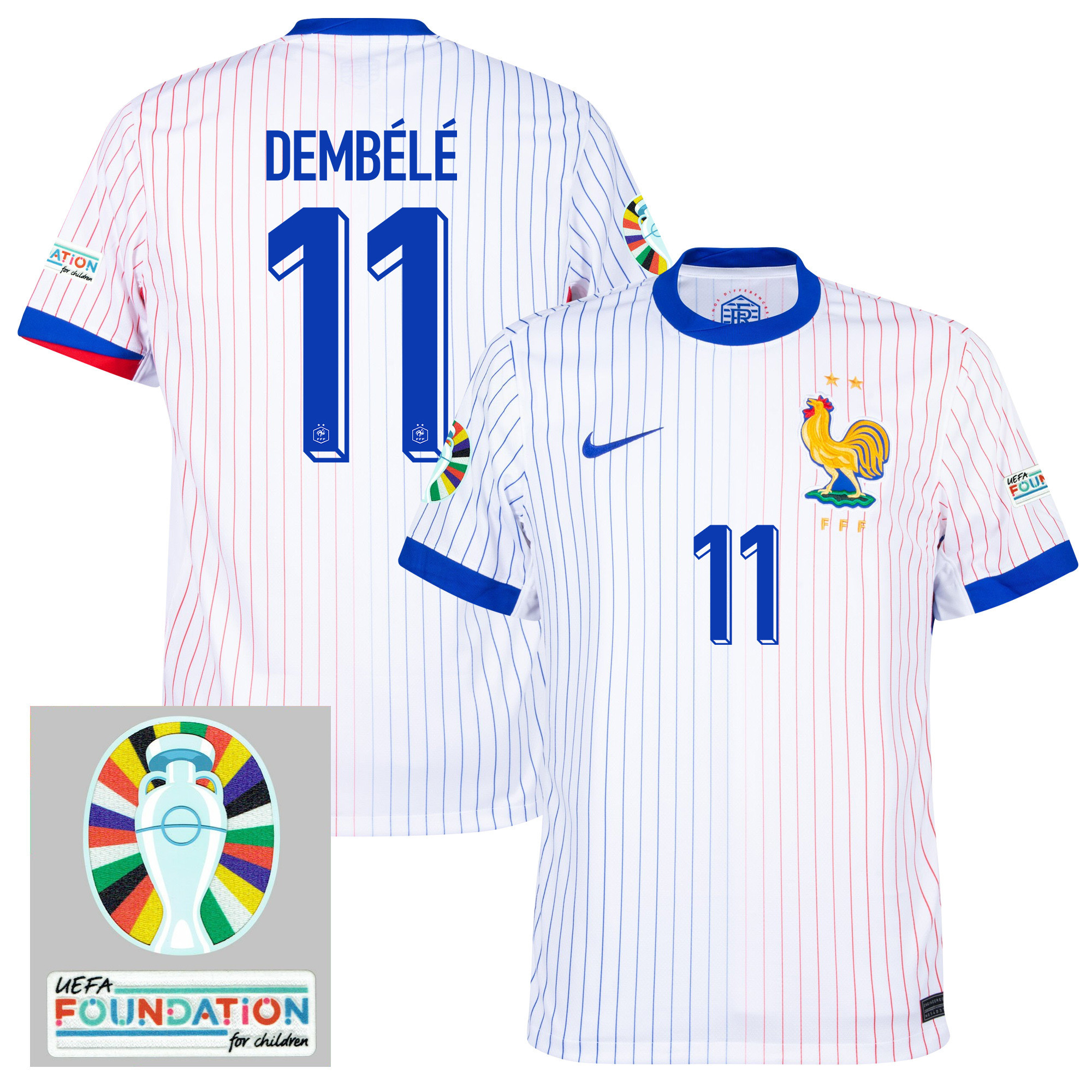 Ousmane Dembl 11 France National Team 2024/25 Away Jersey – Euro UEFA Patch – Men, White