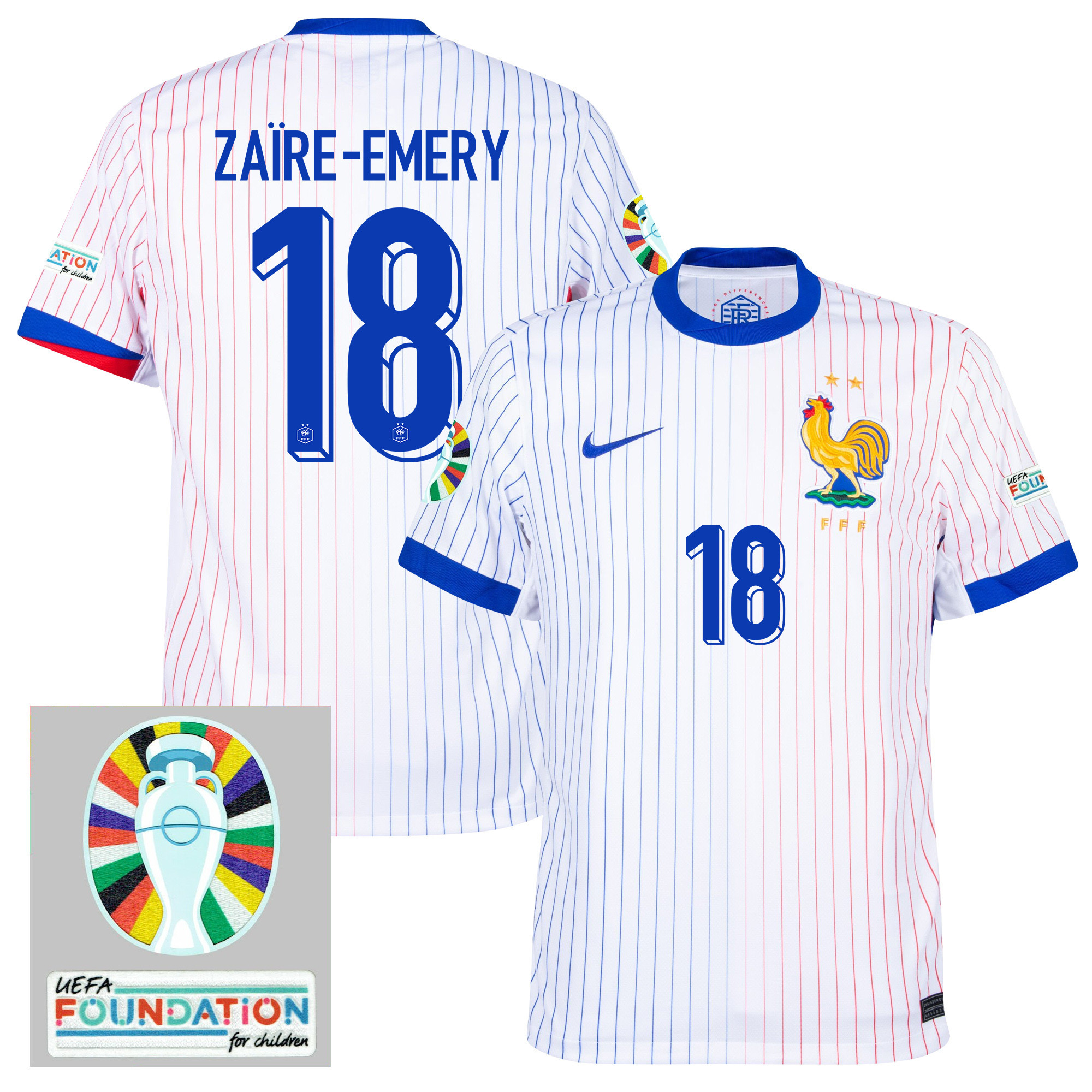 Warren Zare-Emery 18 France National Team 2024/25 Away Jersey – Euro UEFA Patch – Men, White