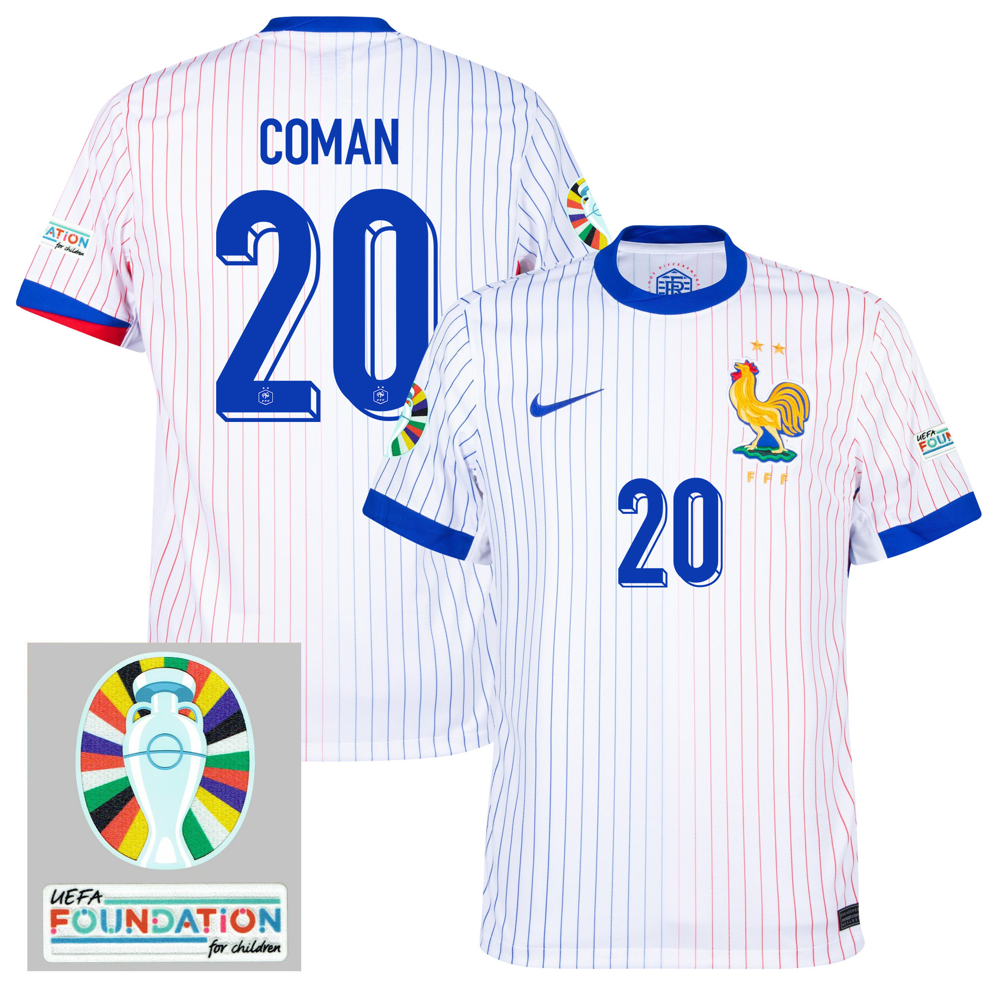 Kingsley Coman 20 France National Team 2024/25 Away Jersey – Euro UEFA Patch – Men, White