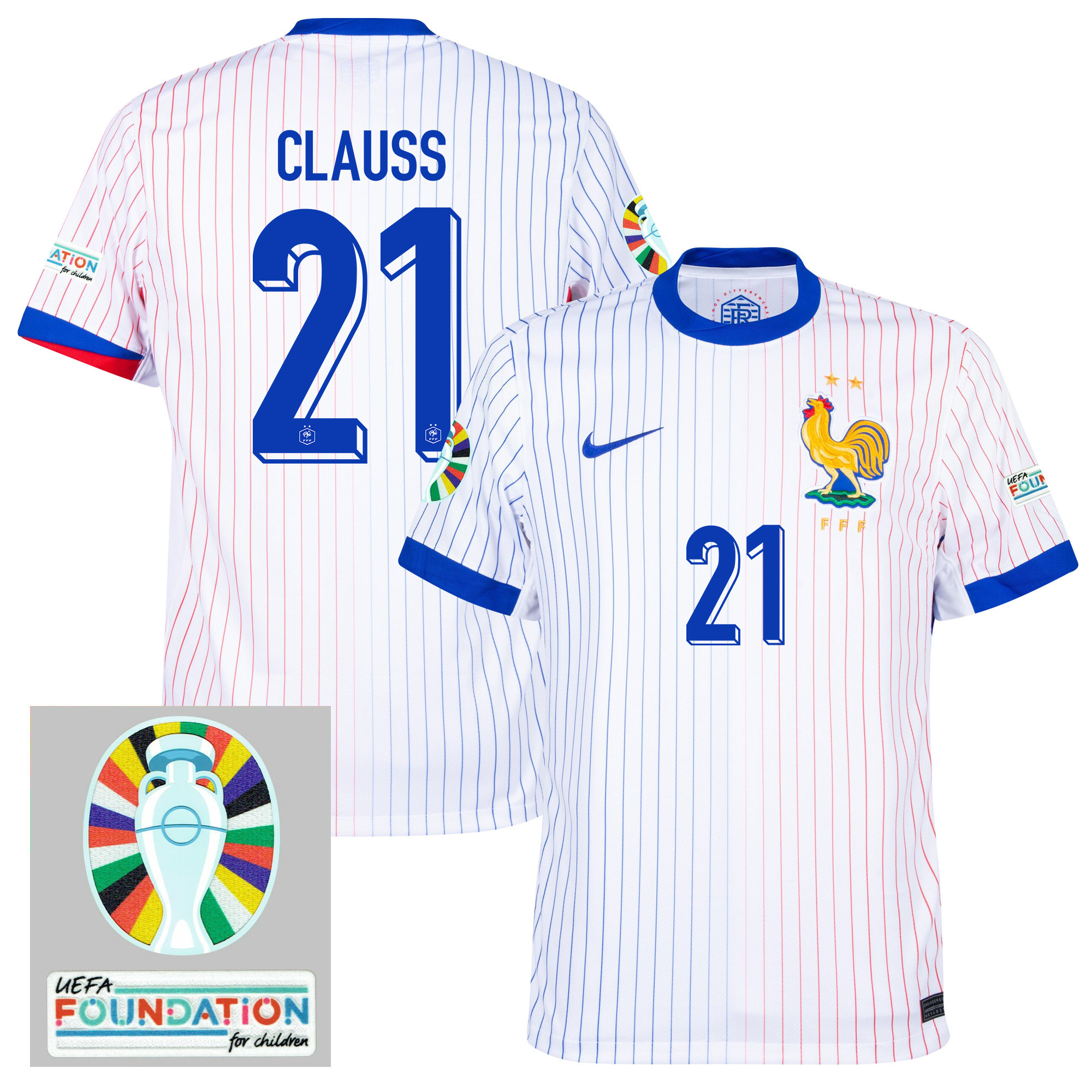 Jonathan Clauss 21 France National Team 2024/25 Away Jersey – Euro UEFA Patch – Men, White