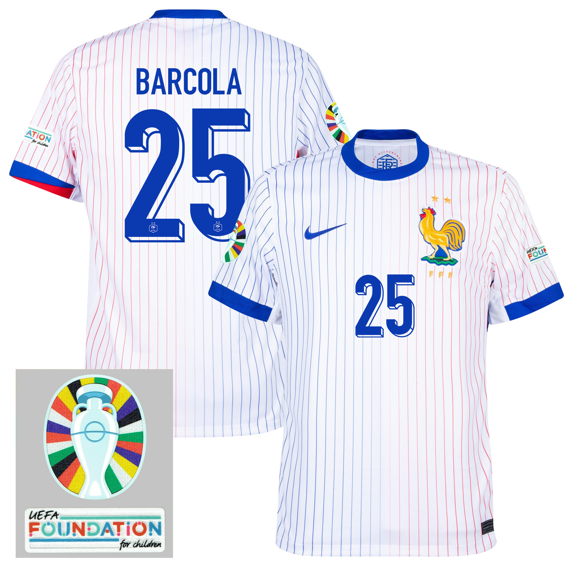 Bradley Barcola 25 France National Team 2024/25 Away Jersey – Euro UEFA Patch – Men, White