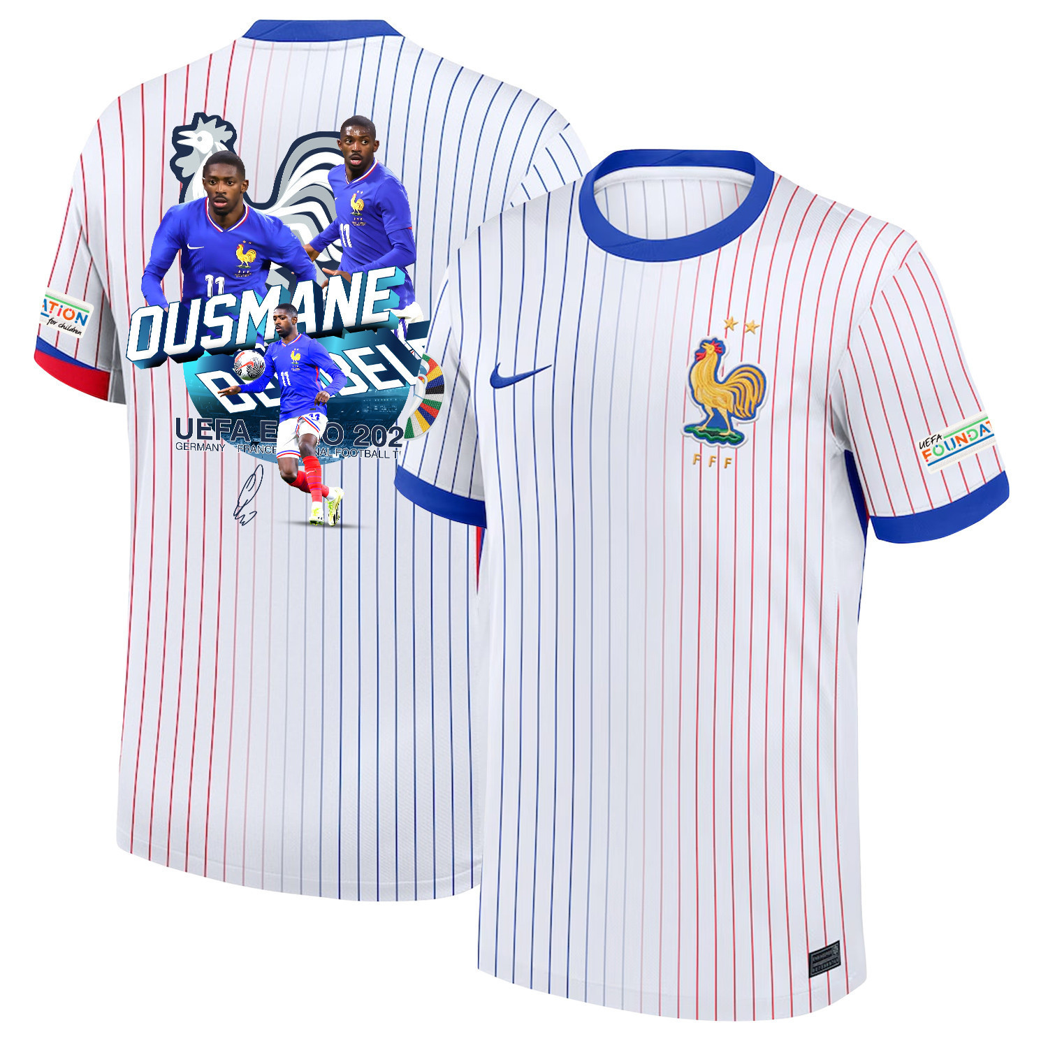 Ousmane Dembl 11 Star Player Of France National Team 2024/25 Away Jersey – Euro UEFA Patch – Men, White
