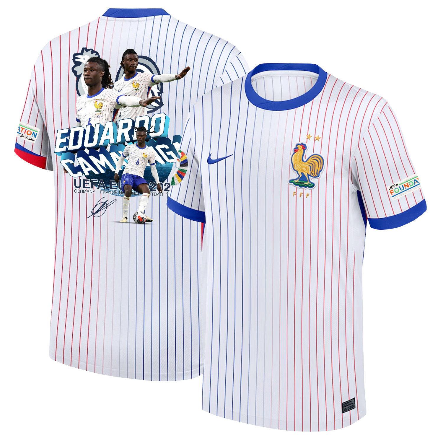 Eduardo Camavinga 6 Star Player Of France National Team 2024/25 Away Jersey – Euro UEFA Patch – Men, White