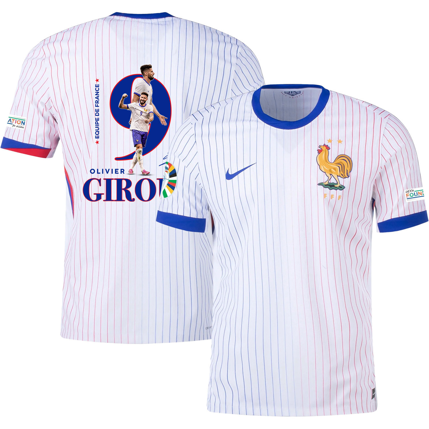 Olivier Giroud 9 The Star Player Of France National Team 2024/25 Away Jersey – Euro UEFA Patch – Men, White