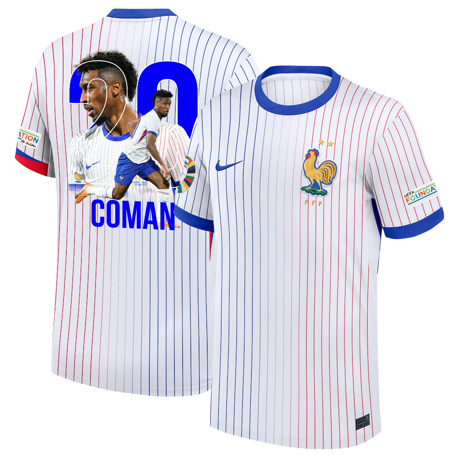 Kingsley Coman 20 Star Player Of France National Team 2024/25 Away Jersey – Euro UEFA Patch – Men, White
