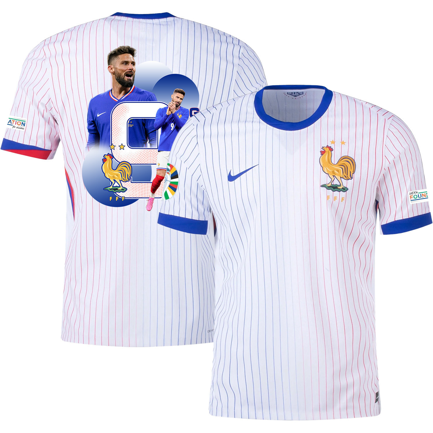 Olivier Giroud 9 The Talented Player France National Team 2024/25 Away Jersey – Euro UEFA Patch – Men, White