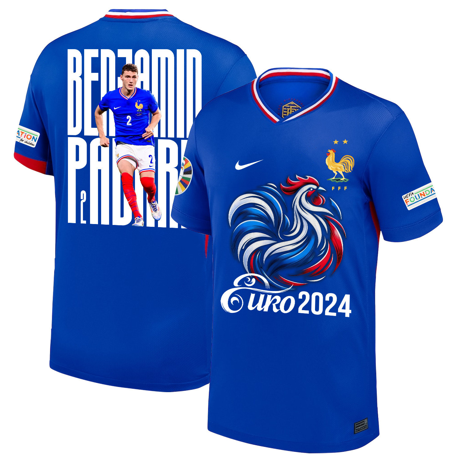 Benjamin Pavard 2 Star Player Of France National Team 2024/25 Home Jersey – Euro UEFA Patch – Men, Blue