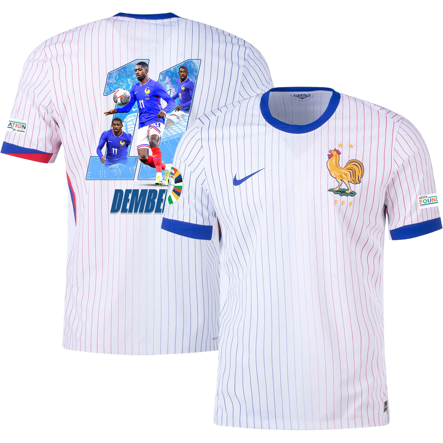 Ousmane Dembl 11 Skillful Player France National Team 2024/25 Away Jersey – Euro UEFA Patch – Men, White