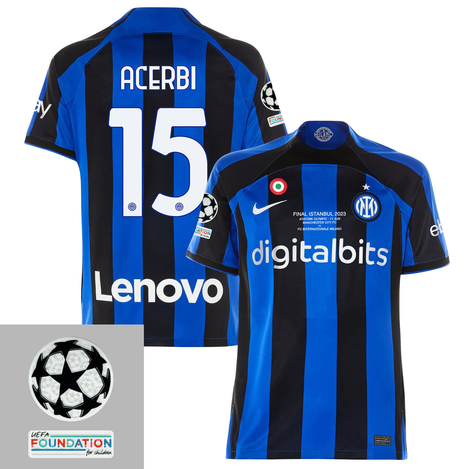 Francesco Acerbi 15 Inter Milan UEFA 2023 Final Match Details Patch Badge – Home Jersey