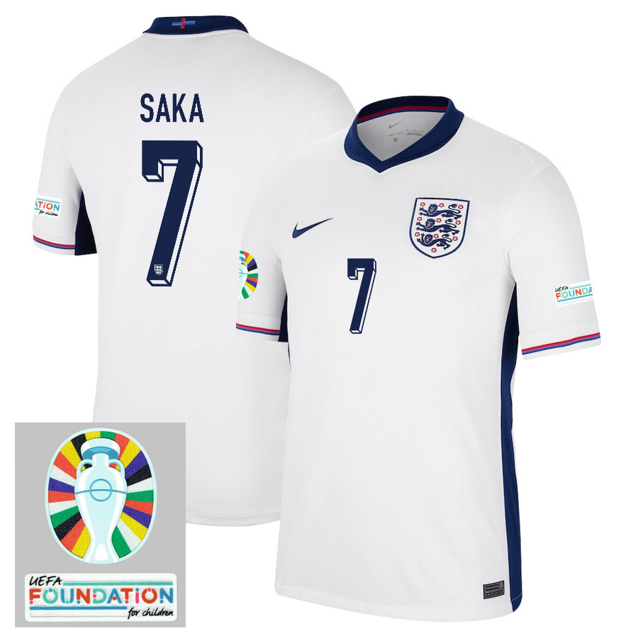 Bukayo Saka 7 Signed England National Team 2024/25 Away Stadium Jersey – Euro UEFA Patch – Men, White