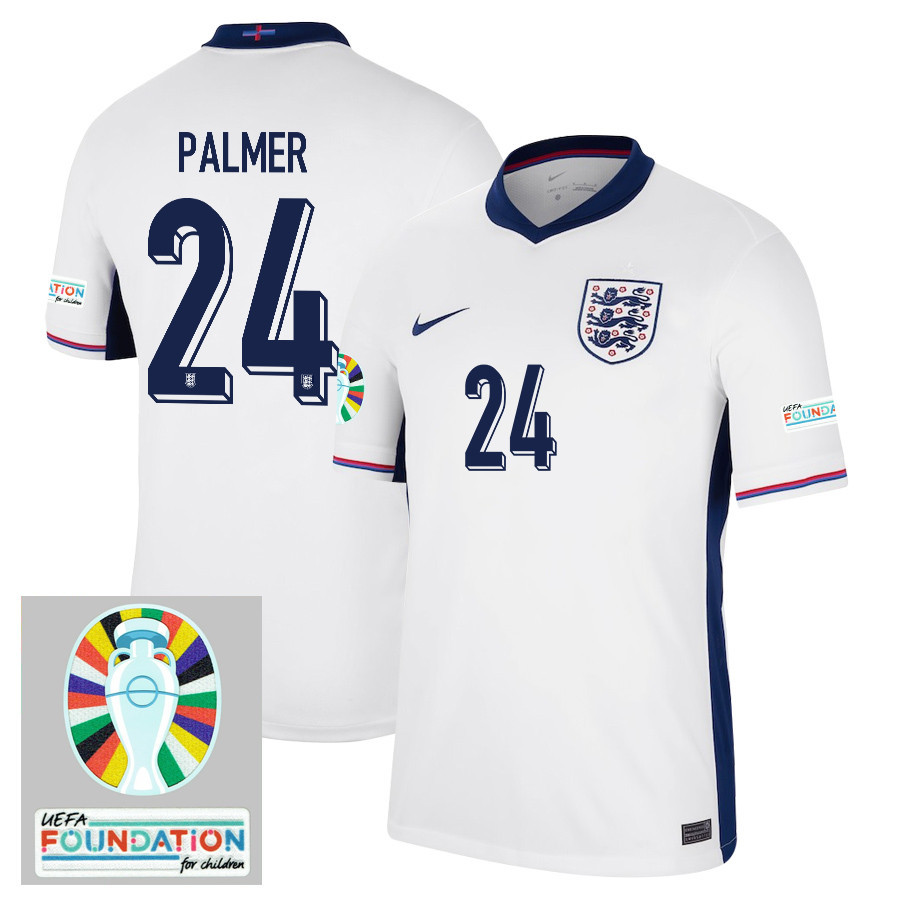 Cole Palmer 24 England National Team 2024/25 Home Jersey – Euro UEFA Patch – Men, White