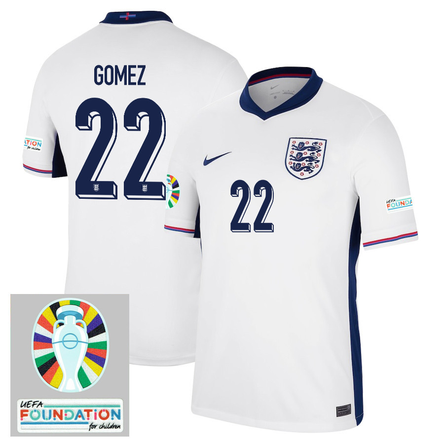 Joe Gomez 22 England National Team 2024/25 Home Jersey – Euro UEFA Patch – Men, White