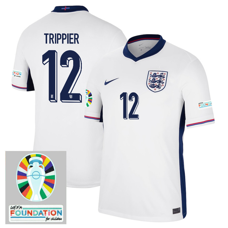 Kieran Trippier 12 England National Team 2024/25 Home Jersey – Euro UEFA Patch – Men, White