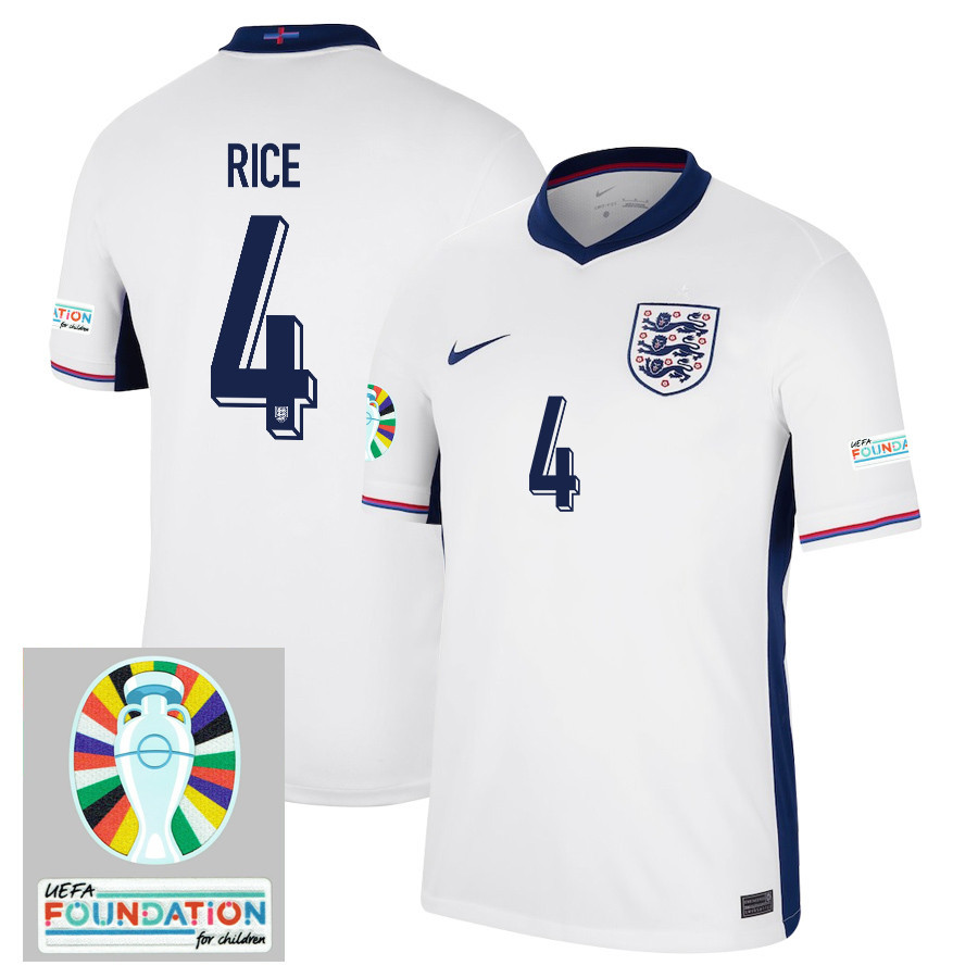 Declan Rice 4 England National Team 2024/25 Home Jersey – Euro UEFA Patch – Men, White