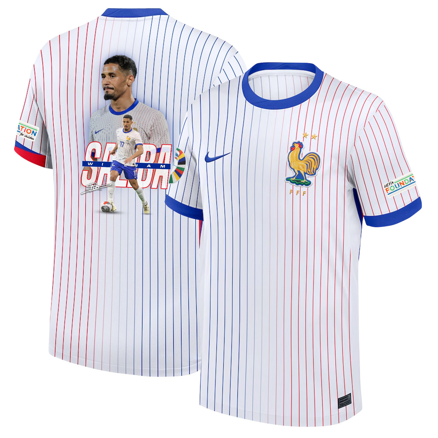 William Saliba 17 Visionary Player France National Team 2024/25 Away Jersey – Euro UEFA Patch – Men, White