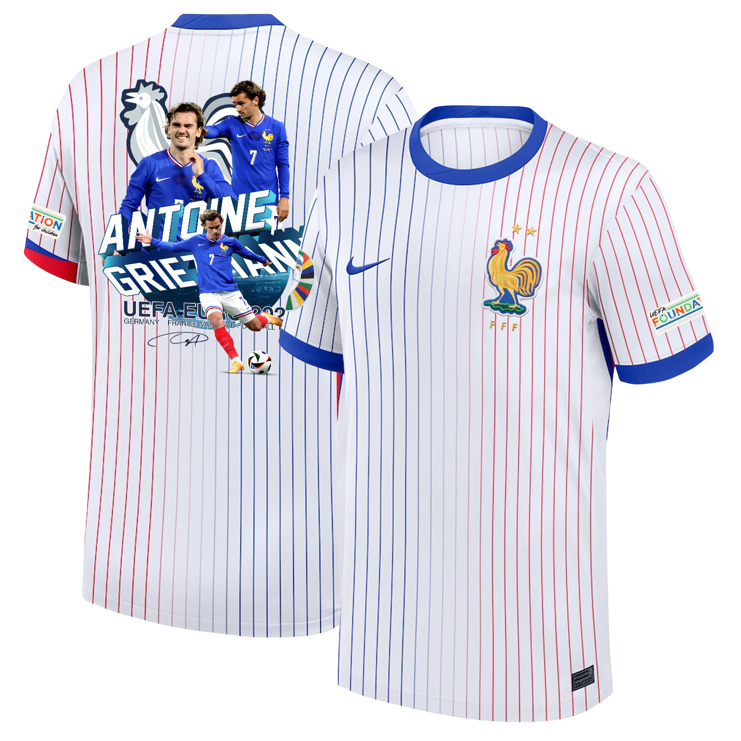 Antoine Griezmann 7 Star Player Of France National Team 2024/25 Away Jersey – Euro UEFA Patch – Men, White